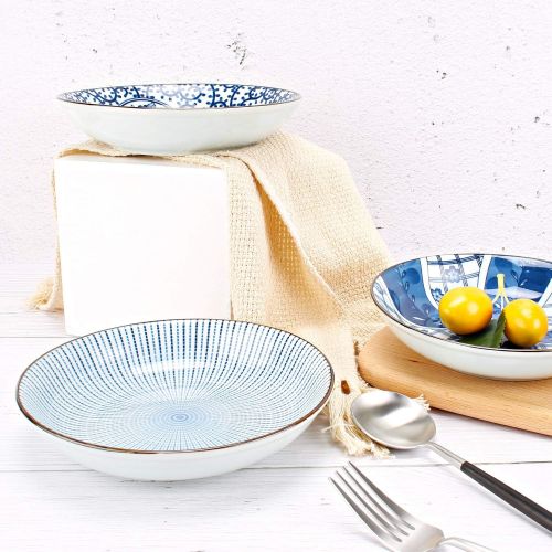  YALONG 7 inch Ceramic Assorted Motifs Floral Blue Plate Set, Shallow Porcelain Plates, Pasta Bowls Set of 4, Serving Dinner Bread Butter Dinner Appetizer Salad Floral Dessert Snack