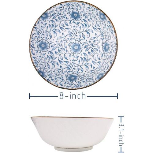  [아마존베스트]YALONG 40 oz bowls Large Blue White Porcelain Soup Bowls,Salad, Ramen Pasta Serving, Pho Large Bowls, Assorted Floral Patterns, Stackable Deep Noodle Bowls Set of 4 for Christmas G