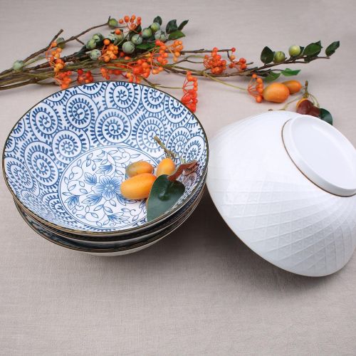  [아마존베스트]YALONG 40 oz bowls Large Blue White Porcelain Soup Bowls,Salad, Ramen Pasta Serving, Pho Large Bowls, Assorted Floral Patterns, Stackable Deep Noodle Bowls Set of 4 for Christmas G