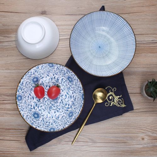  [아마존베스트]YALONG 40 oz bowls Large Blue White Porcelain Soup Bowls,Salad, Ramen Pasta Serving, Pho Large Bowls, Assorted Floral Patterns, Stackable Deep Noodle Bowls Set of 4 for Christmas G