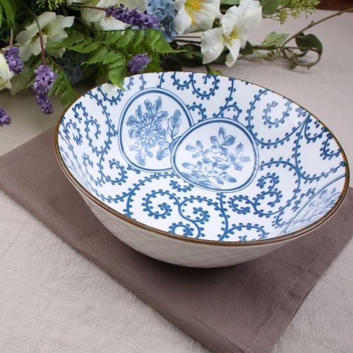  [아마존베스트]YALONG 40 oz bowls Large Blue White Porcelain Soup Bowls,Salad, Ramen Pasta Serving, Pho Large Bowls, Assorted Floral Patterns, Stackable Deep Noodle Bowls Set of 4 for Christmas G