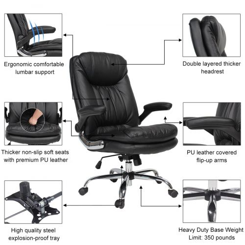  YAMASORO Ergonomic Home Office Chair with Flip-Up Arms and Comfy Headrest PU Leather High-Back Computer Desk Chair Big and Tall Capacity 330lbs Black