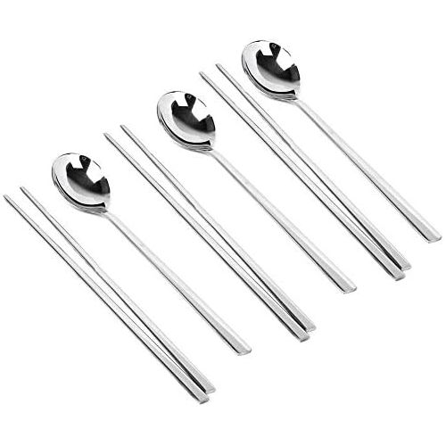  [아마존베스트]YAPULLYA YAPULLY Polished Stainless Steel Spoons and Chopsticks Set, Korean Chopsticks and Spoons tableware with long-hand, Reusable, set of 3-silver