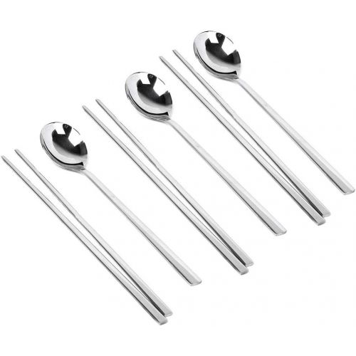  [아마존베스트]YAPULLYA YAPULLY Polished Stainless Steel Spoons and Chopsticks Set, Korean Chopsticks and Spoons tableware with long-hand, Reusable, set of 3-silver