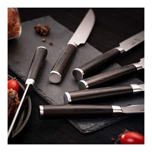  YARENH 6-Piece Steak Knife Set with 5-inch Sharp Blades,Non-Serrated,Made of German High-Carbon Stainless Steel,and Black Pakkawood Handles,Fruit Paring Knife Set