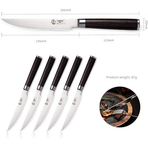  YARENH 6-Piece Steak Knife Set with 5-inch Sharp Blades,Non-Serrated,Made of German High-Carbon Stainless Steel,and Black Pakkawood Handles,Fruit Paring Knife Set
