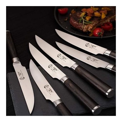  YARENH 6-Piece Steak Knife Set with 5-inch Sharp Blades,Non-Serrated,Made of German High-Carbon Stainless Steel,and Black Pakkawood Handles,Fruit Paring Knife Set