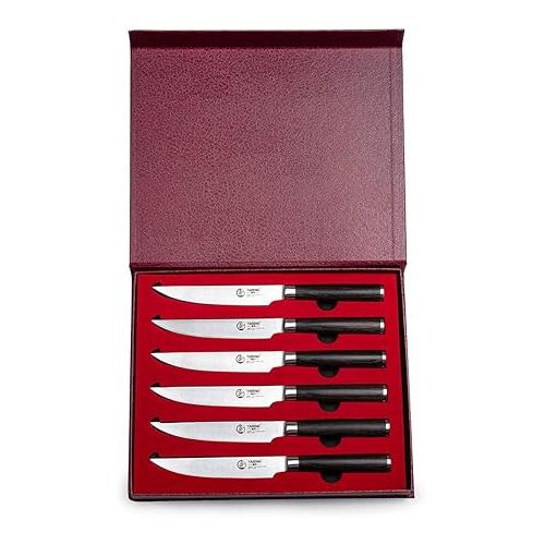  YARENH 6-Piece Steak Knife Set with 5-inch Sharp Blades,Non-Serrated,Made of German High-Carbon Stainless Steel,and Black Pakkawood Handles,Fruit Paring Knife Set