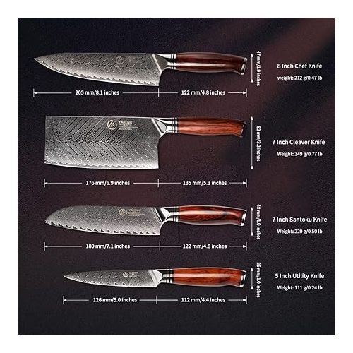  YARENH Knife Set with Magnetic Block 5 Piece, Professional Kitchen Knife Set, 73 Layers Damascus High Carbon Stainless Steel, Natural Sandalwood Handle, Sharp Chef Knife