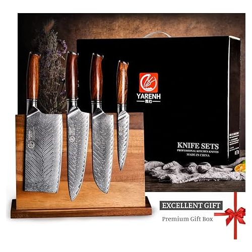  YARENH Knife Set with Magnetic Block 5 Piece, Professional Kitchen Knife Set, 73 Layers Damascus High Carbon Stainless Steel, Natural Sandalwood Handle, Sharp Chef Knife