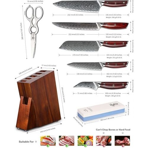  YARENH 8-Piece Kitchen Knife Set with Block,Damascus Chef Knife, 67-Layer High Carbon Stainless Steel,Sharp Rust-Resistant Blades,Sandalwood Handle