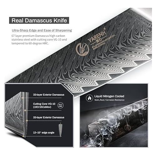  YARENH 8-Piece Kitchen Knife Set with Block,Damascus Chef Knife, 67-Layer High Carbon Stainless Steel,Sharp Rust-Resistant Blades,Sandalwood Handle