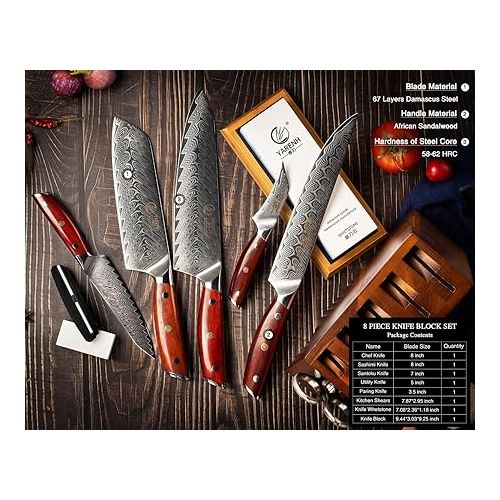  YARENH 8-Piece Kitchen Knife Set with Block,Damascus Chef Knife, 67-Layer High Carbon Stainless Steel,Sharp Rust-Resistant Blades,Sandalwood Handle