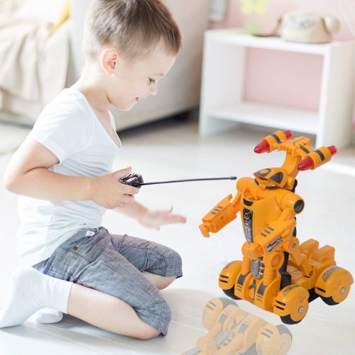  YARMOSHI Transformer Remote Control Car Robot Toy. 1 Button Transformation, Does Battle Dance. Flashing Lights. RC Toy for Kids 4+. (Yellow)