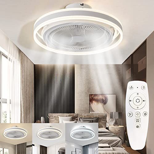  YATON Home Ceiling Fan with Light, 20 inches LED Remote Control Fully Dimmable Lighting Modes Invisible Acrylic Blades Metal Shell Semi Flush Mount Low Profile Fan with 8 Blades Smart Ce