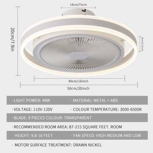  YATON Home Ceiling Fan with Light, 20 inches LED Remote Control Fully Dimmable Lighting Modes Invisible Acrylic Blades Metal Shell Semi Flush Mount Low Profile Fan with 8 Blades Smart Ce