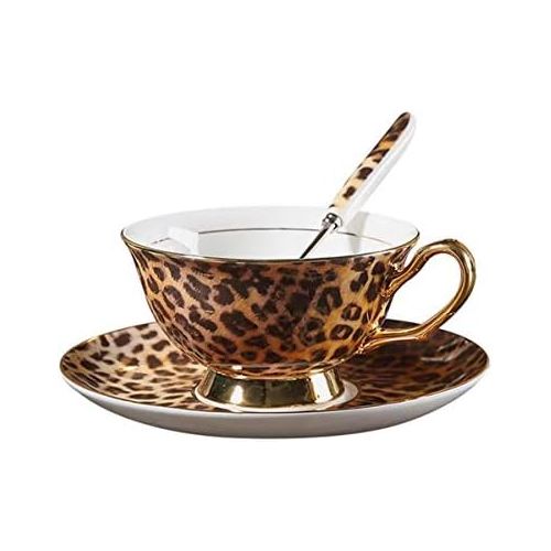  [아마존베스트]YBK Tech Euro Style Cup& Saucer Set Art Bone China Ceramic Tea Coffee Cup for Breakfast Home Kitchen (Leopard Pattern)