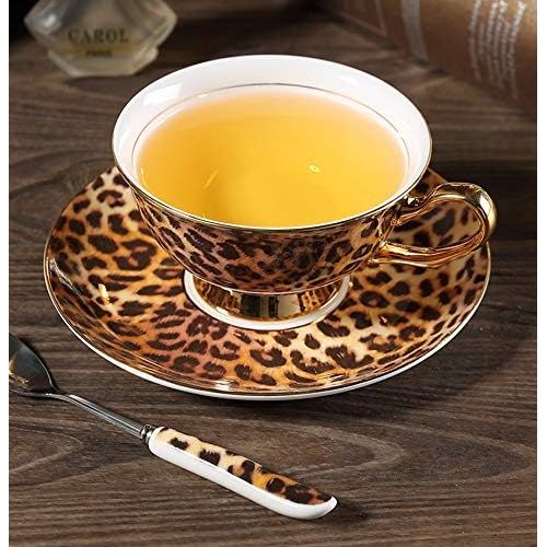  [아마존베스트]YBK Tech Euro Style Cup& Saucer Set Art Bone China Ceramic Tea Coffee Cup for Breakfast Home Kitchen (Leopard Pattern)