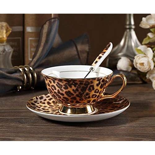  [아마존베스트]YBK Tech Euro Style Cup& Saucer Set Art Bone China Ceramic Tea Coffee Cup for Breakfast Home Kitchen (Leopard Pattern)