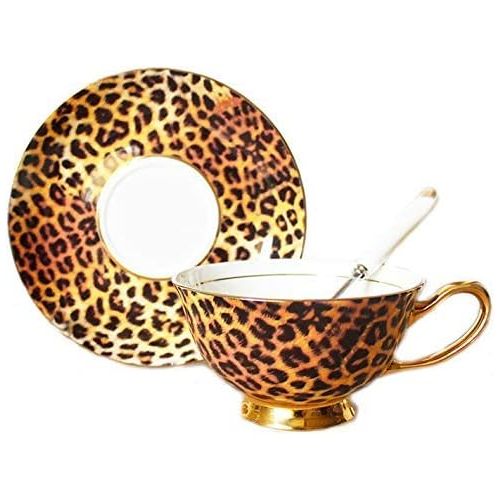  [아마존베스트]YBK Tech Euro Style Cup& Saucer Set Art Bone China Ceramic Tea Coffee Cup for Breakfast Home Kitchen (Leopard Pattern)