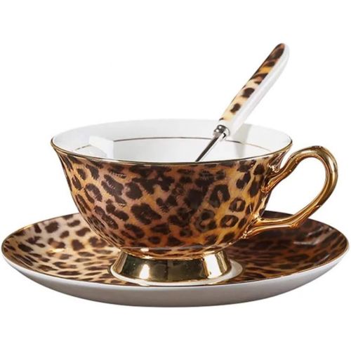  [아마존베스트]YBK Tech Euro Style Cup& Saucer Set Art Bone China Ceramic Tea Coffee Cup for Breakfast Home Kitchen (Leopard Pattern)