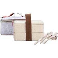 [아마존베스트]YBOBK HOME Japanese Bento Box Microwave Safe Lunch Box with Bag and Reusable Flatware Utensils Set Stackable Bento Lunch Box Plastic Wheat Straw Bento Box Dishwasher Safe for Adult