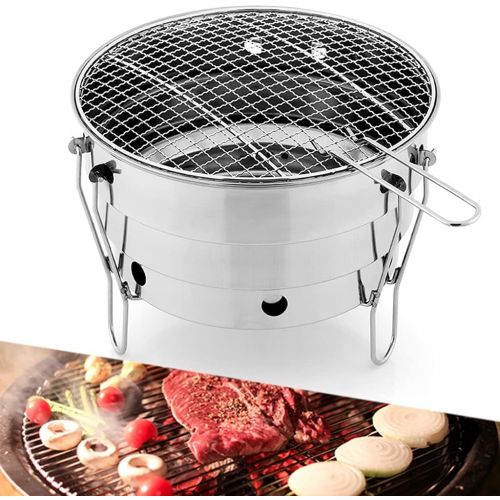  YCDJCS Stainless Steel Charcoal BBQ Grill Mini BBQ Grill Folding Barbecue Stove Portable Round Barbecue Stove for Outdoor Picnic Camping Hiking Patio Camping Grills (Color : Silver