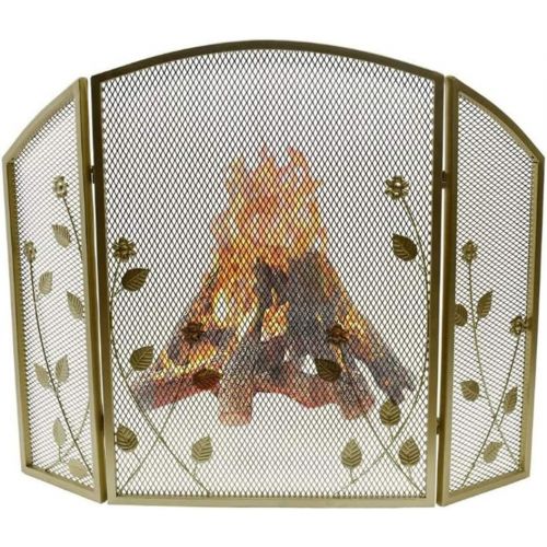  YCDJCS Fireplace Spark Protection 3 Panel Arch Fire Screen Wrought Iron Child Safe Proof Solid Fireplace Spark Guard Mesh for Wood Burner Stove Leaf Design Fireplaces Accessories