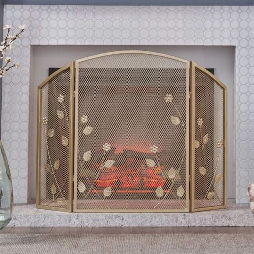  YCDJCS Fireplace Spark Protection 3 Panel Arch Fire Screen Wrought Iron Child Safe Proof Solid Fireplace Spark Guard Mesh for Wood Burner Stove Leaf Design Fireplaces Accessories