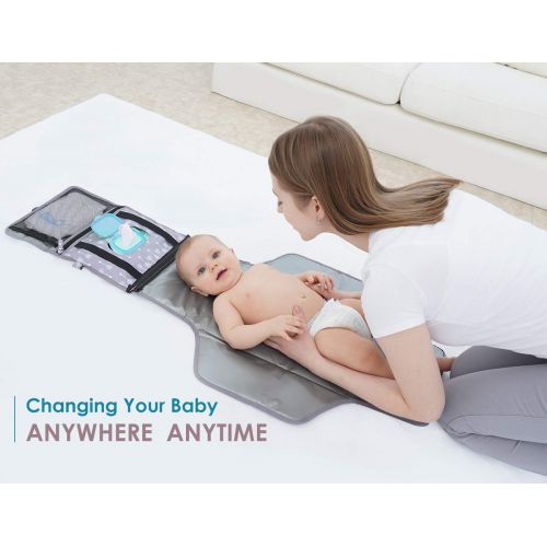  Portable Baby Diaper Changing Pad - YEAHOME Waterproof Travel Changing Table Pad for Newborn, Extended Cushioned Changing Mat with Head Pillow & Baby Stuff Pockets, Idea Registry G