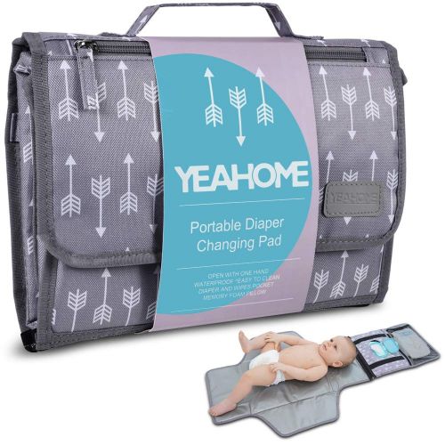  Portable Baby Diaper Changing Pad - YEAHOME Waterproof Travel Changing Table Pad for Newborn, Extended Cushioned Changing Mat with Head Pillow & Baby Stuff Pockets, Idea Registry G