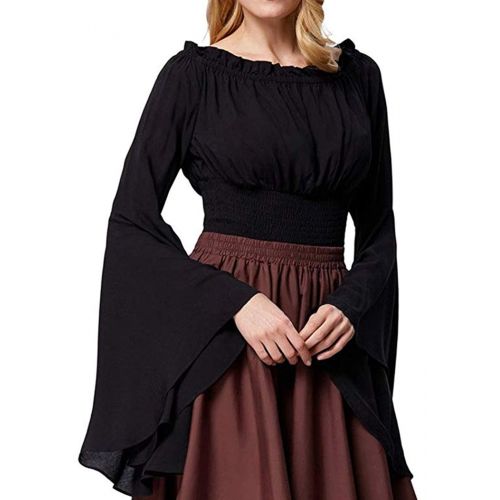  YEAXLUD Womens Renaissance Blouse Off Shoulder Trumpet Sleeve Peasant Tops Medieval Victorian Costume