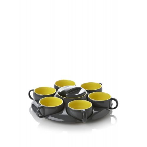  YEDI HOUSEWARE Yedi Houseware CC529 Botero 8-Piece Tea Tray with Mugs and Tea Pot, Dark Grey and Yellow