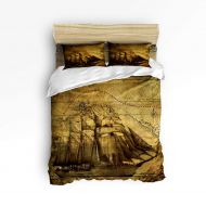 YEHO Art Gallery Twin Size 4 Piece Duvet Cover Sets for Kids Boys Girls,Vintage Map of The Nautical with Ship Pattern Bedding Set for Christmas,1 Flat Sheet 1 Duvet Cover and 2 Pil