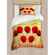 YEHO Art Gallery Full Bedding Sets for boys,Poppy Duvet Cover Set,Poppies on Old Aged Retro Featured Backdrop Design Past Days Drama Petals,Include 1 Comforter Cover 1 Bed Sheets 2 Pillow Casess,Sc