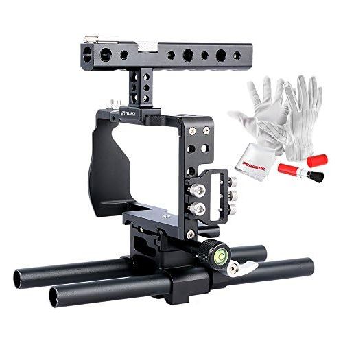  YELANGU Handheld Aluminum Alloy Camera Video Cage Rig Kit Film Making System with 15mm Rod for Sony Alpha A6000 A6300 A6500 ILDC Mirrorless Camera Camcorder with Pergear Cleaing Ki