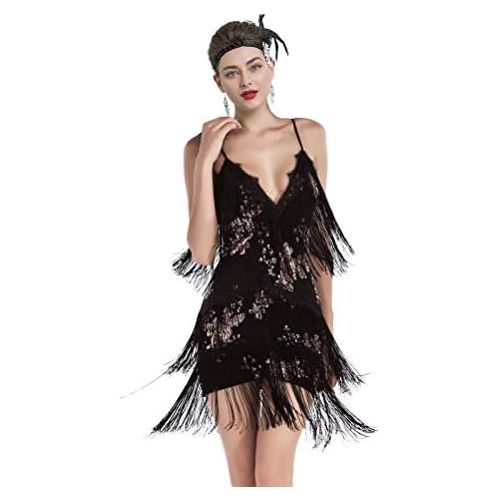 할로윈 용품YEMILL Womens Flapper Dress 1920s Gatsby Tassel Sway Dance Cocktail Dress with 20s Accessories Set