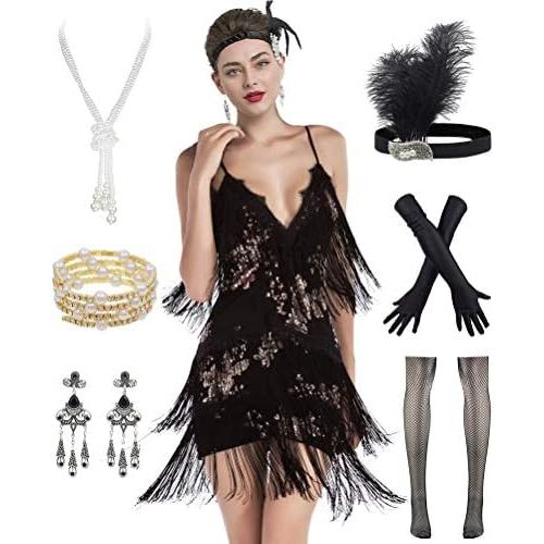  할로윈 용품YEMILL Womens Flapper Dress 1920s Gatsby Tassel Sway Dance Cocktail Dress with 20s Accessories Set