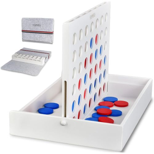  YESMARKS Wooden 4-in-a-Row Game Tic Tac Toe Tabletop Board Set for Family Picnic Camping Party White Wood Frame - 42 Red and Blue Toy Chips - Storage and Carrying Bag