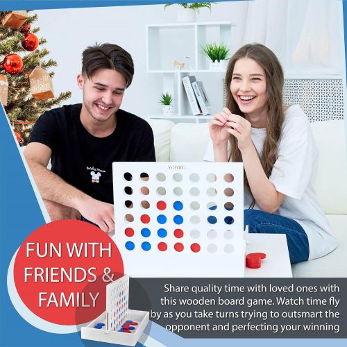  YESMARKS Wooden 4-in-a-Row Game Tic Tac Toe Tabletop Board Set for Family Picnic Camping Party White Wood Frame - 42 Red and Blue Toy Chips - Storage and Carrying Bag