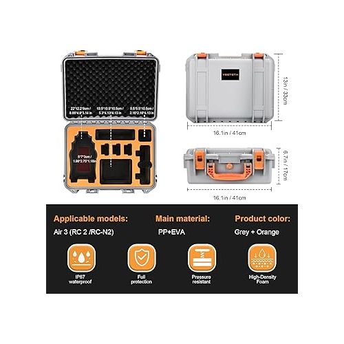  YETEETH Hard Case for DJI Air 3, Waterproof Pressure Resistant Carrying Case for DJI Air 3 Accessories - Fits Latest DJI RC 2/RC-N2 (Grey)