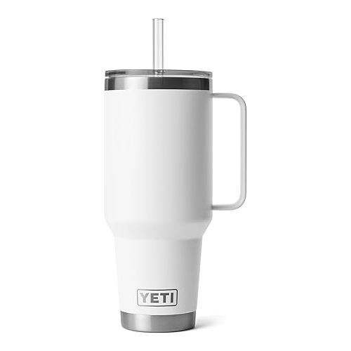 예티 YETI Rambler 42 oz Tumbler with Handle and Straw Lid, Travel Mug Water Tumbler, Vacuum Insulated Cup with Handle, Stainless Steel, White