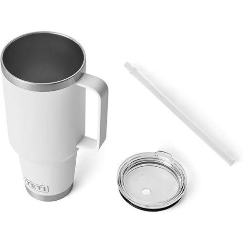 예티 YETI Rambler 42 oz Tumbler with Handle and Straw Lid, Travel Mug Water Tumbler, Vacuum Insulated Cup with Handle, Stainless Steel, White