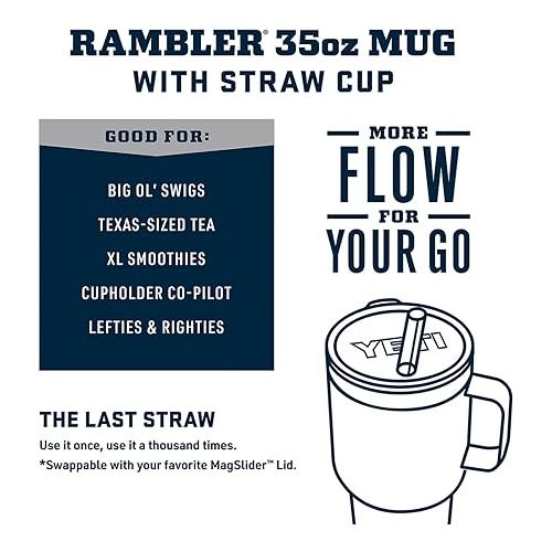 예티 YETI Rambler 35 oz Tumbler with Handle and Straw Lid, Travel Mug Water Tumbler, Vacuum Insulated Cup with Handle, Stainless Steel, Power Pink