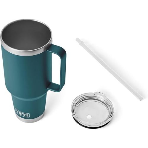 예티 YETI Rambler 42 oz Tumbler with Handle and Straw Lid, Travel Mug Water Tumbler, Vacuum Insulated Cup with Handle, Stainless Steel, Agave Teal