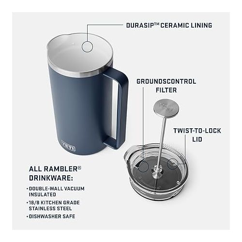 예티 YETI Rambler 34 oz. French Press Coffee Maker, with GroundsControl Filter, Navy