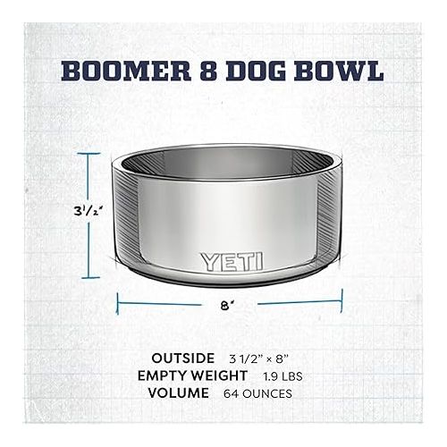 예티 YETI Boomer 8, Stainless Steel, Non-Slip Dog Bowl, Holds 64 Ounces, Navy