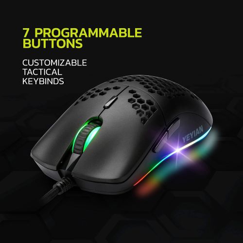  YEYIAN Link Ergonomic 16.8M RGB Optical Laser Gaming Mouse with Honeycomb Shell Grip, 7 Program Button, 1ms Response Time, 6 DPI Mode 500-7200, 5M Clicks, 5.5ft Braided Cable Wired