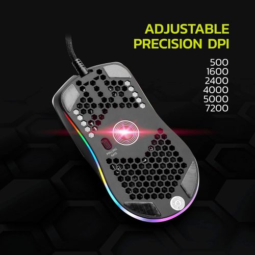  YEYIAN Link Ergonomic 16.8M RGB Optical Laser Gaming Mouse with Honeycomb Shell Grip, 7 Program Button, 1ms Response Time, 6 DPI Mode 500-7200, 5M Clicks, 5.5ft Braided Cable Wired