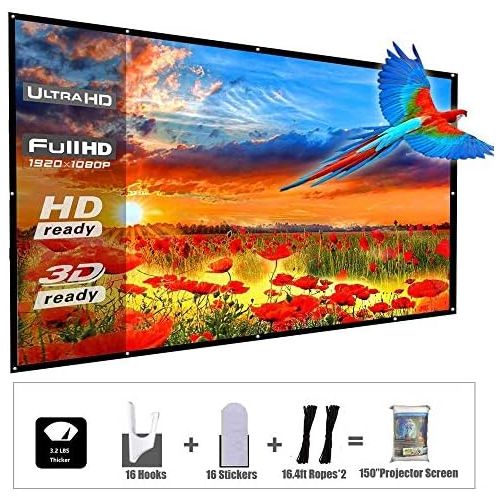  [아마존베스트]YF2009 Updated 150 Inch Portable Projector Screen, 16:9 HD Foldable Anti Crease Indoor Outdoor Movie Projection Screen for Camping/Home Theater/Office/Party - with Hooks and Ropes,